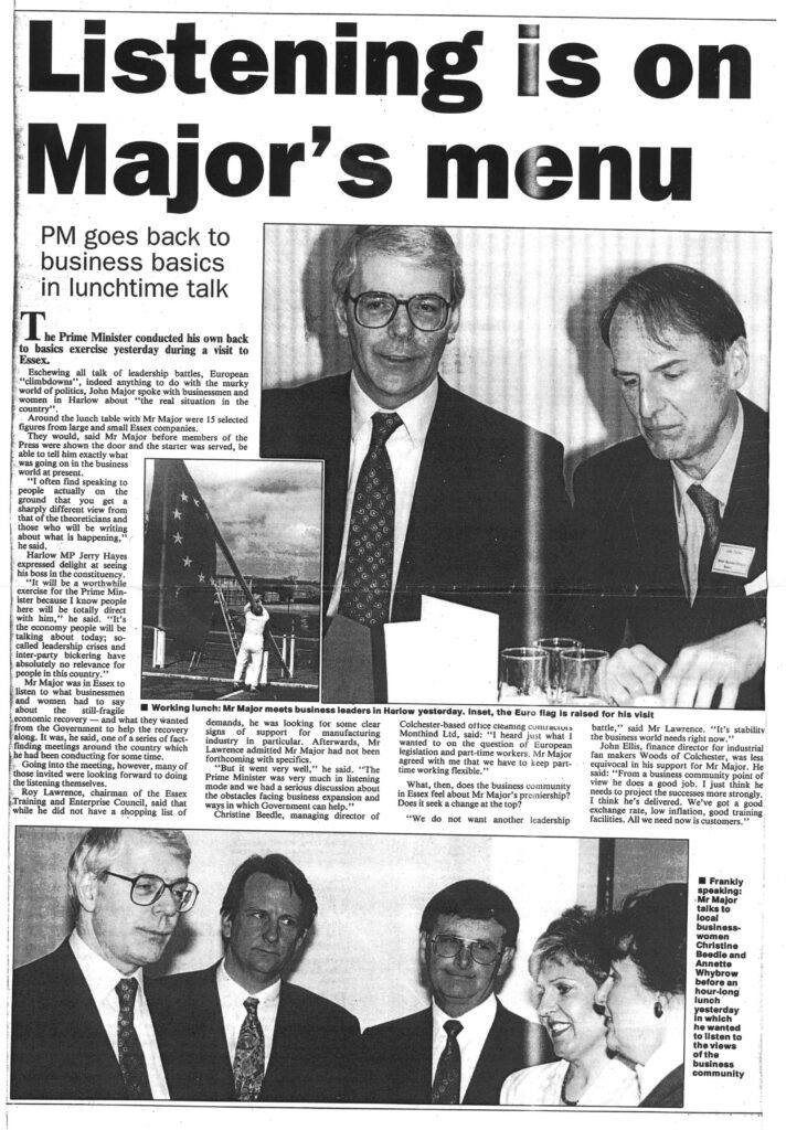 A black and white newspaper clipping. The headline reads "Listening is on Major's menu". There is a large photograph of John Major, a white man in a suit and glasses, to the top right. On the bottom, there is a photograph of Major talking to two white women, Annette Whybrow and Christine Beedle.