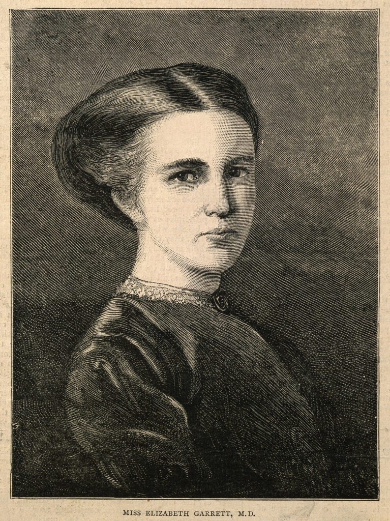 An engraved portrait of a young white woman.