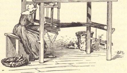 An old illustration of a woman working on a loom.