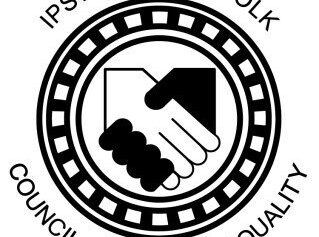 Black and whilte graphic logo of one white hand holding a black hand inside a circle