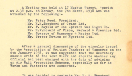 A yellowed extract from old minute notes on written on a typewriter.