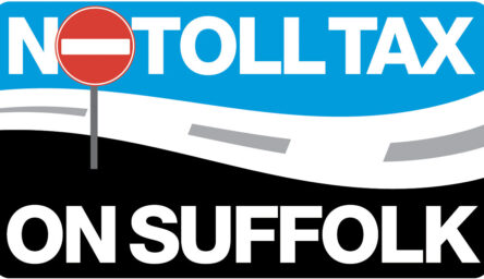 A blue and black logo, with a red stop sign.