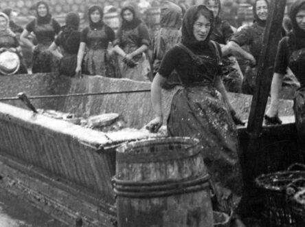 Old black and white photo of a group of women dressed in full length dresses, with scarves on their head. They stand around a big wooden crate of fish and a barrell stands in the foreground.
