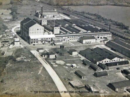 Black and white arial photo of an old factory site