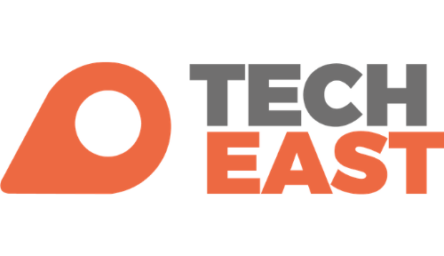 An orange and grey logo of Tech East.