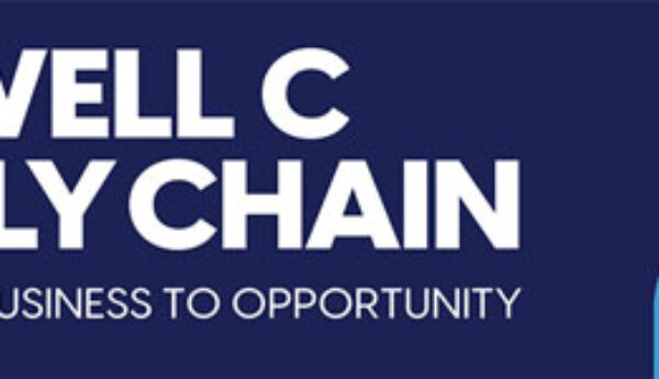 A blue logo with blue, white and orange links in one corner.