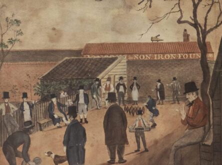 An old illustration of workers outside a factory.