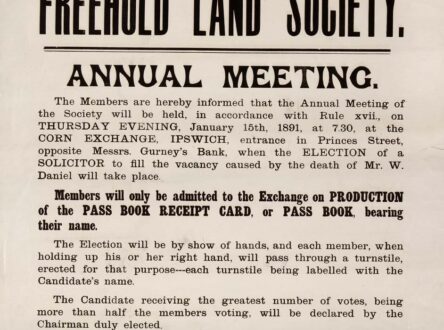 A poster for the Ipswich & Suffolk Freehold Land Society with text on it about their annual meeting.
