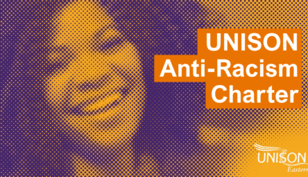 An orange tinted image of a smiling Black woman with the text: Unison anti-racism charter. With the Unison logo in the bottom right corner.