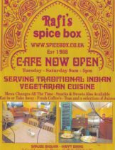 An yellow flyer with pink text. There is an intricate floral pattern at the top and images of a cafe at the bottom.