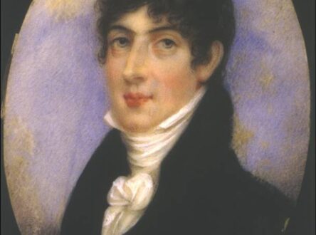 A painted portrait of a white man with dark hair. He wears formal attire.