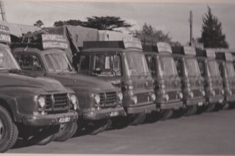 A black and white photograph of a row of old lorries.